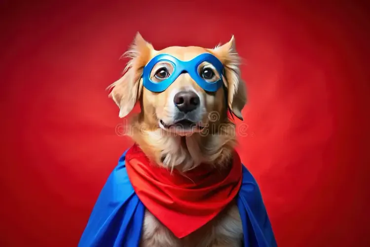 Dogs in wigs and super hero costumes 